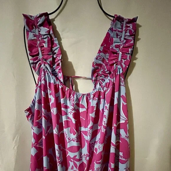 Kori Plus 1XL Floral Ruffle Jumpsuit Baby Blue Magenta Cottagecore NWOT - Picture 5 of 9